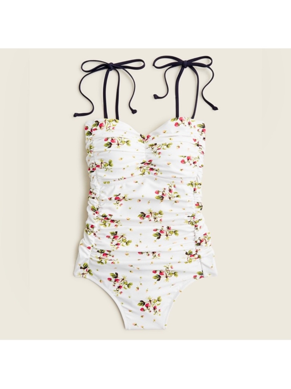 J. Crew White Strawberry Print Ruched One-Piece Swimsuit with  Ties